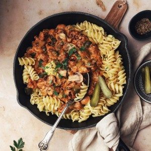 vegan stroganov s cestovinami